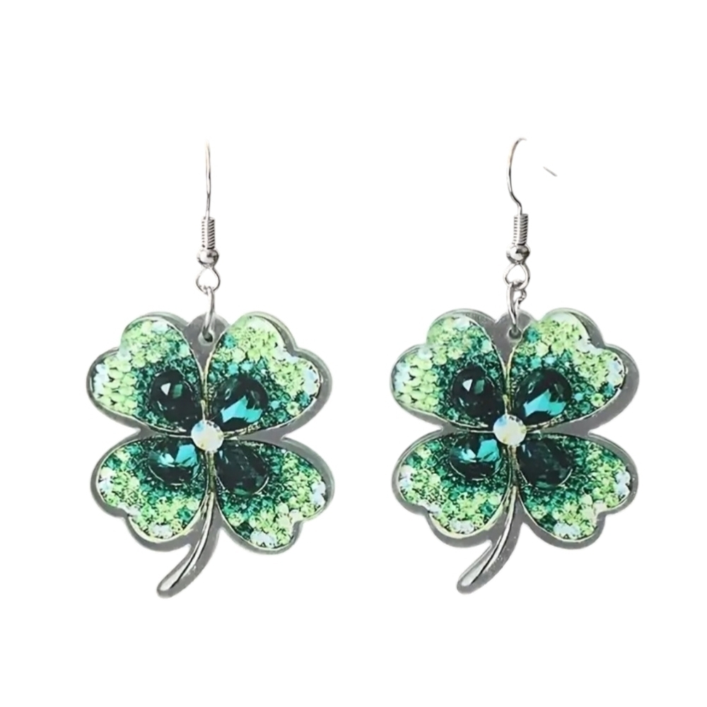 NEW!!!  Green Bling Bling Clover Design Dangle Earrings.
